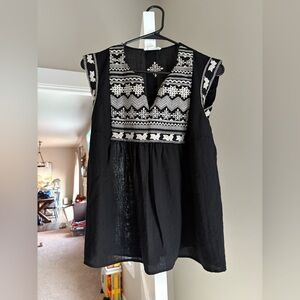 Black and White Embroidered Sleeveless Top